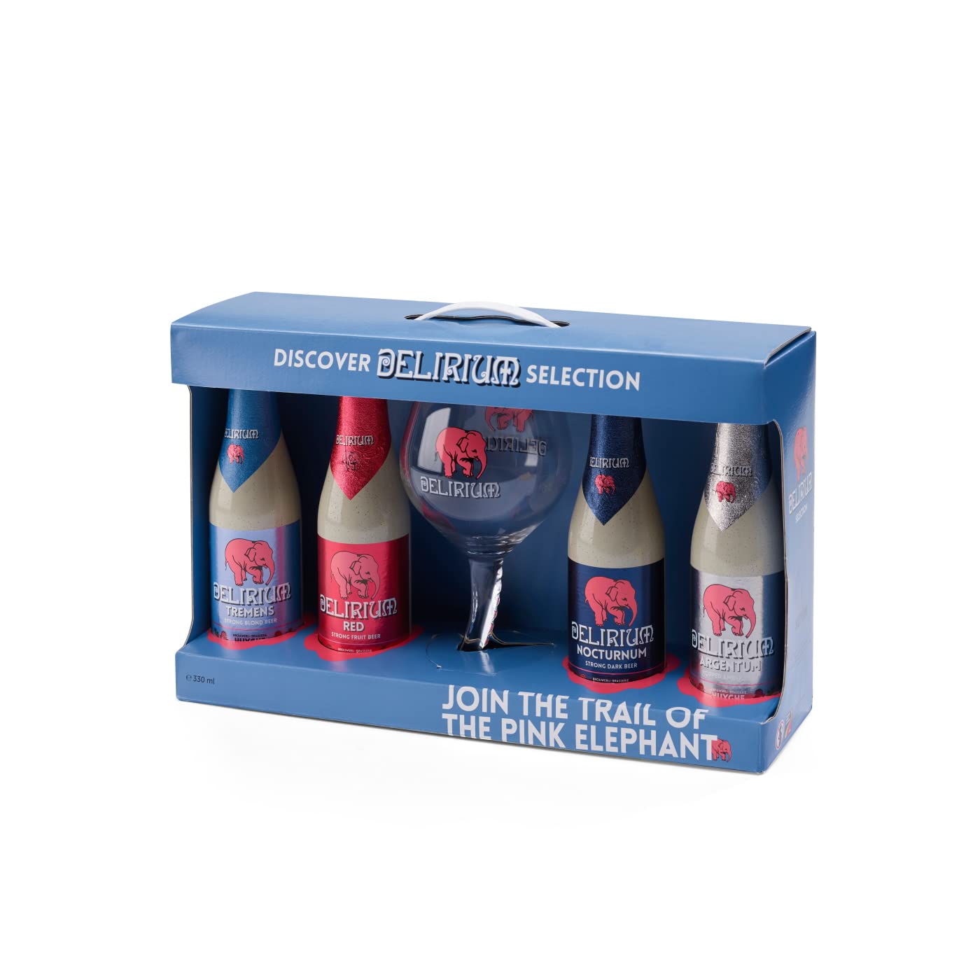 Delirium Tremens, Red, Nocturnum, Argentum Original belgisches Bier mit Glas in einem Geschenkkarton (Geschenk-Box-Karton) 4 x 0,33 l