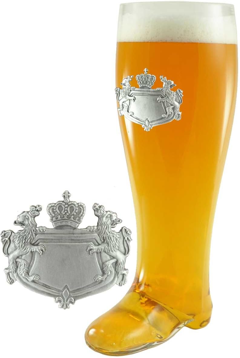 3 Liter Mouth Blown Glass Beer Boot with Bavarian Crest