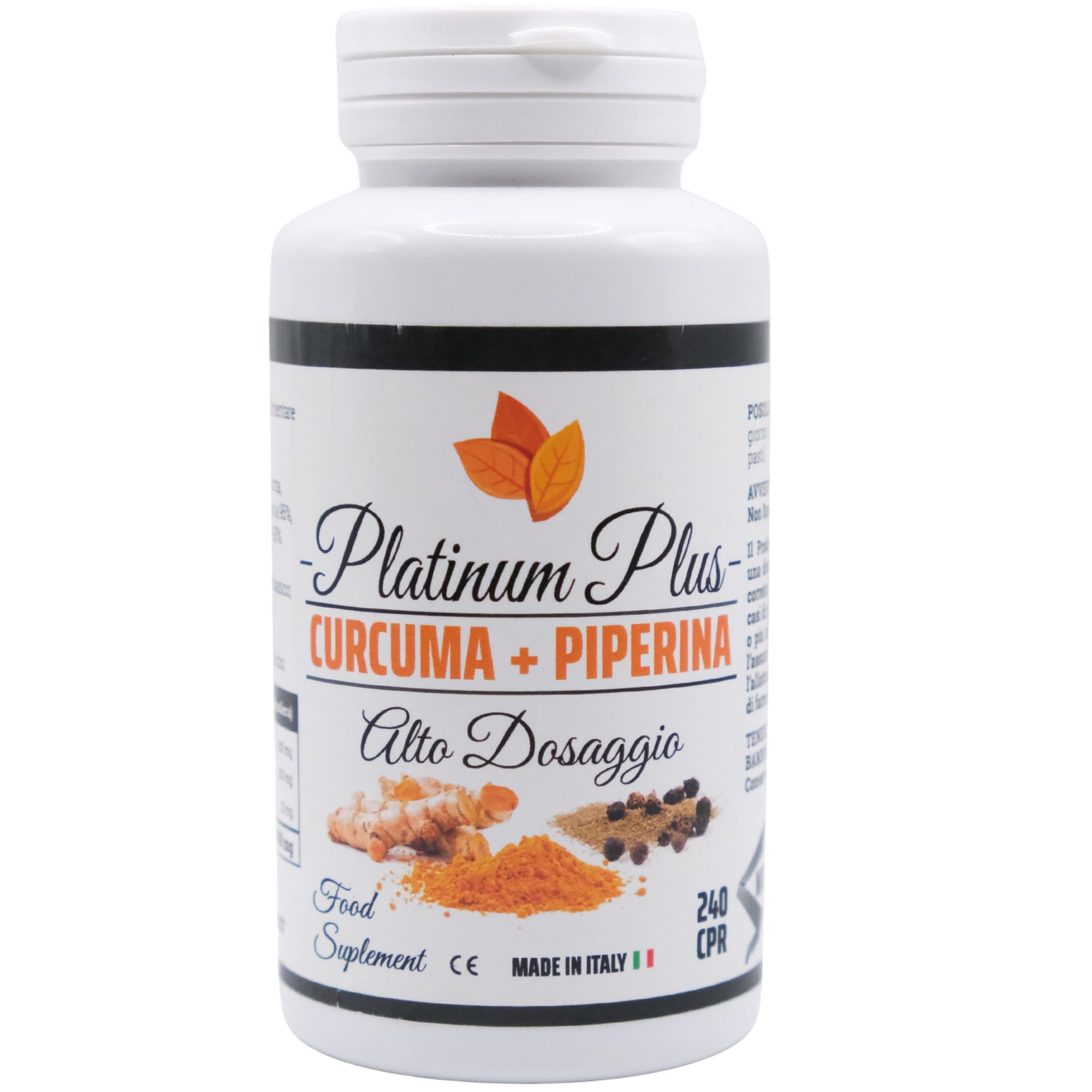 Curcuma + Piperina Platinum Plus - Curcumina Titolata ad Alto Dosaggio – 240 Compresse Naturali Made in Italy per il benessere quotidiano