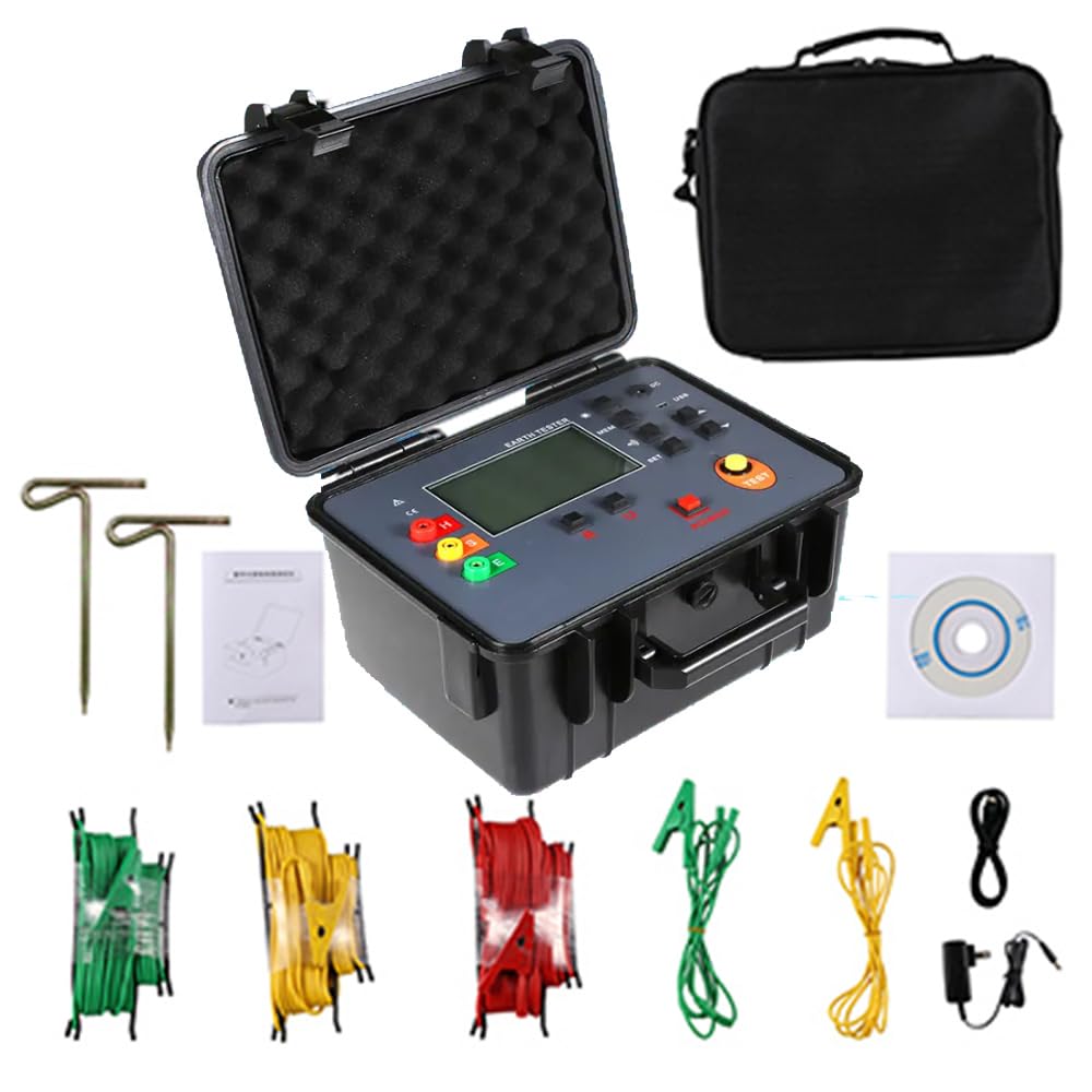 Three Wire Earth Ground Resistance Tester Digital Grounding Resistance Tester Instruments with Range 0.01Ω-3000Ω ±1.5% rdg±5dgt Accuracy 0.01Ω Resolution USB Interface Real Time Display