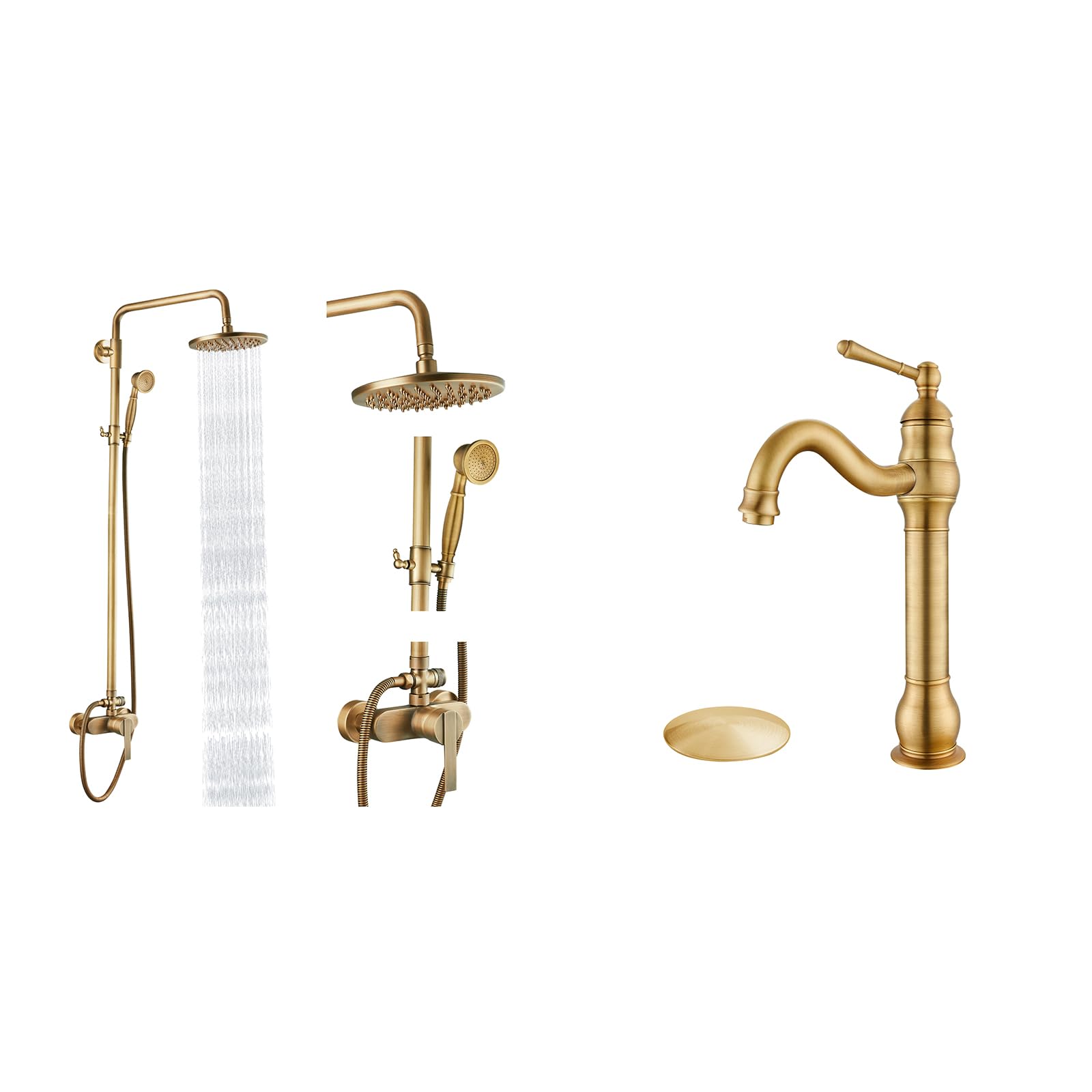 Hcfyauis Antique Brass Exposed Pipe Shower System 8 Inch Rainfall Shower Head Brass Fixture Combo Set With Tall Body 360 Degree Spout Vessel Sink Faucet And Drain