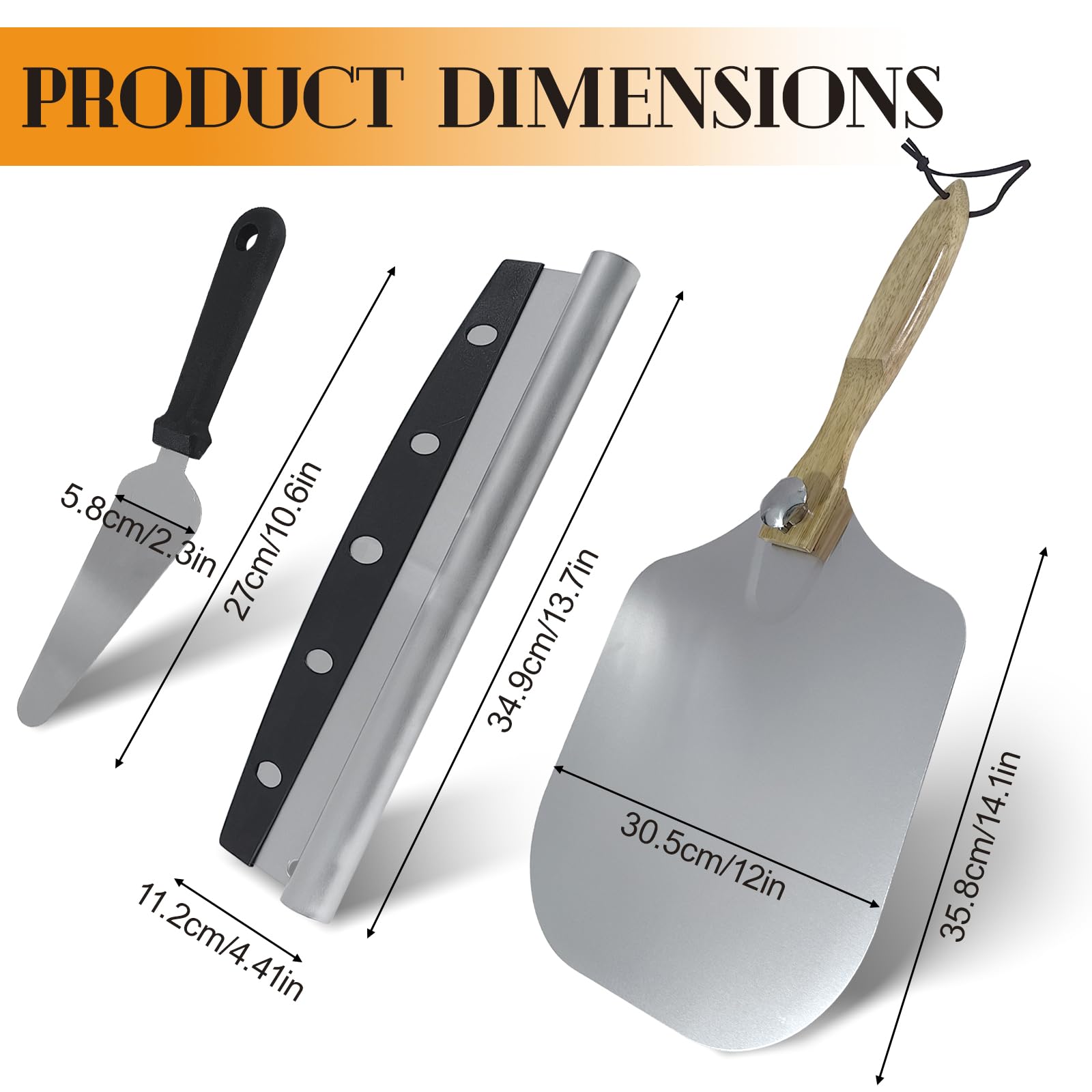 Ensemble Pelle à Pizza 3 Pièces, Pizza Accessoires Comprenant Pelle a Pizza 30 cm Aluminium avec Poignée en Bois Rotative, Coupe Pizza Acier Inoxydable et Pelle à Fromage