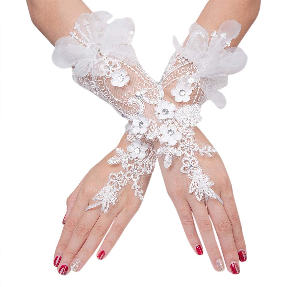 Elegant Satin Lace Gloves Long Bridal Gloves UV Protection, for Bride Flower Girls Women Wedding Prom Party (White)