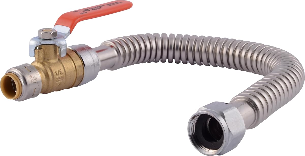 SharkBite Max 1/2 pulgada x 3/4 pulgada FIP x 18 pulgadas. Conector de calentador de agua flexible corrugado, accesorio de plomería de latón a presión, acero inoxidable, URSS3068FX18BV