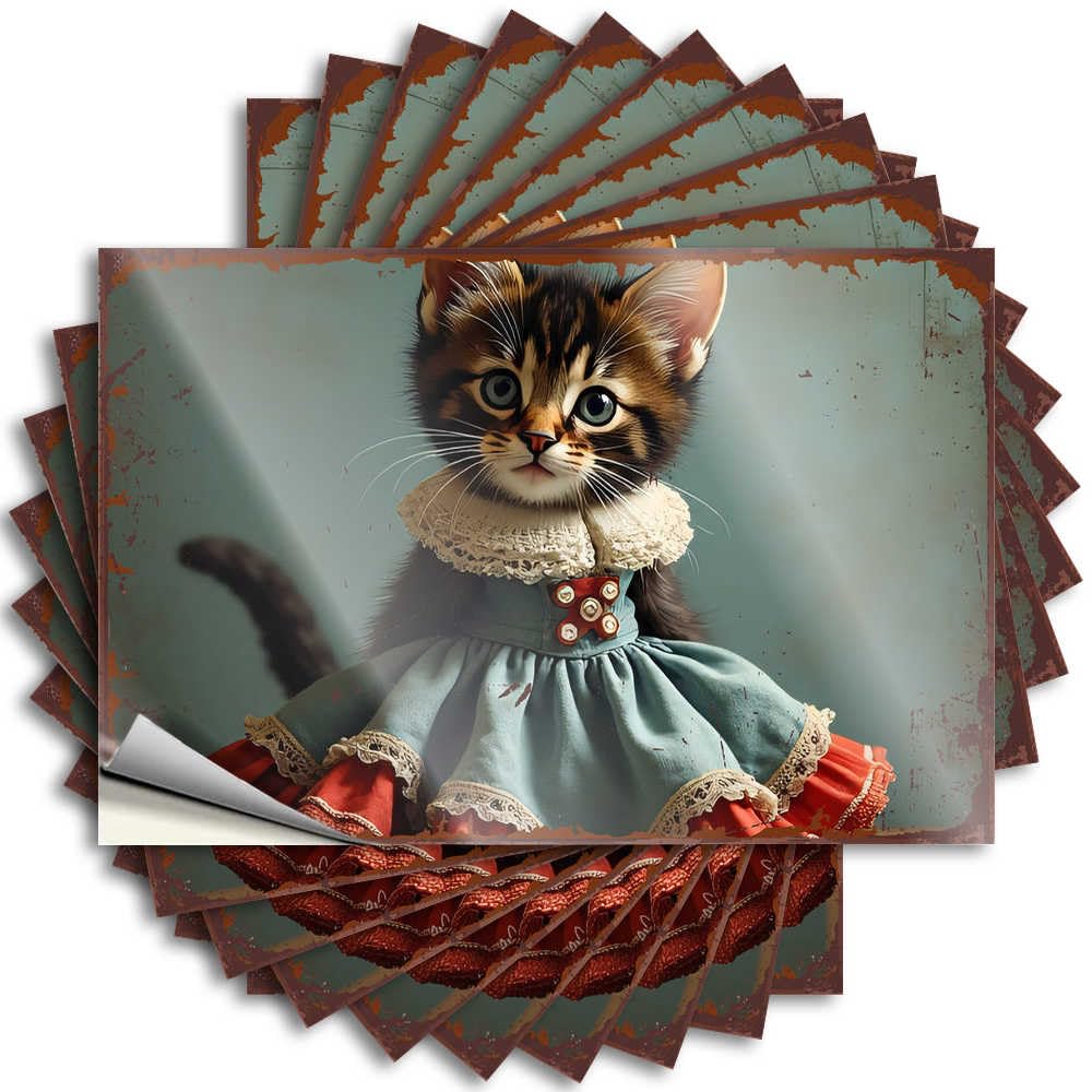 Sticker Front Door Decorations Waterproof Vinyl Sticker | Adorable Kitten in Vintage Lace Dress Fire Helmet for Hunting DIY Projects(12X18CM)