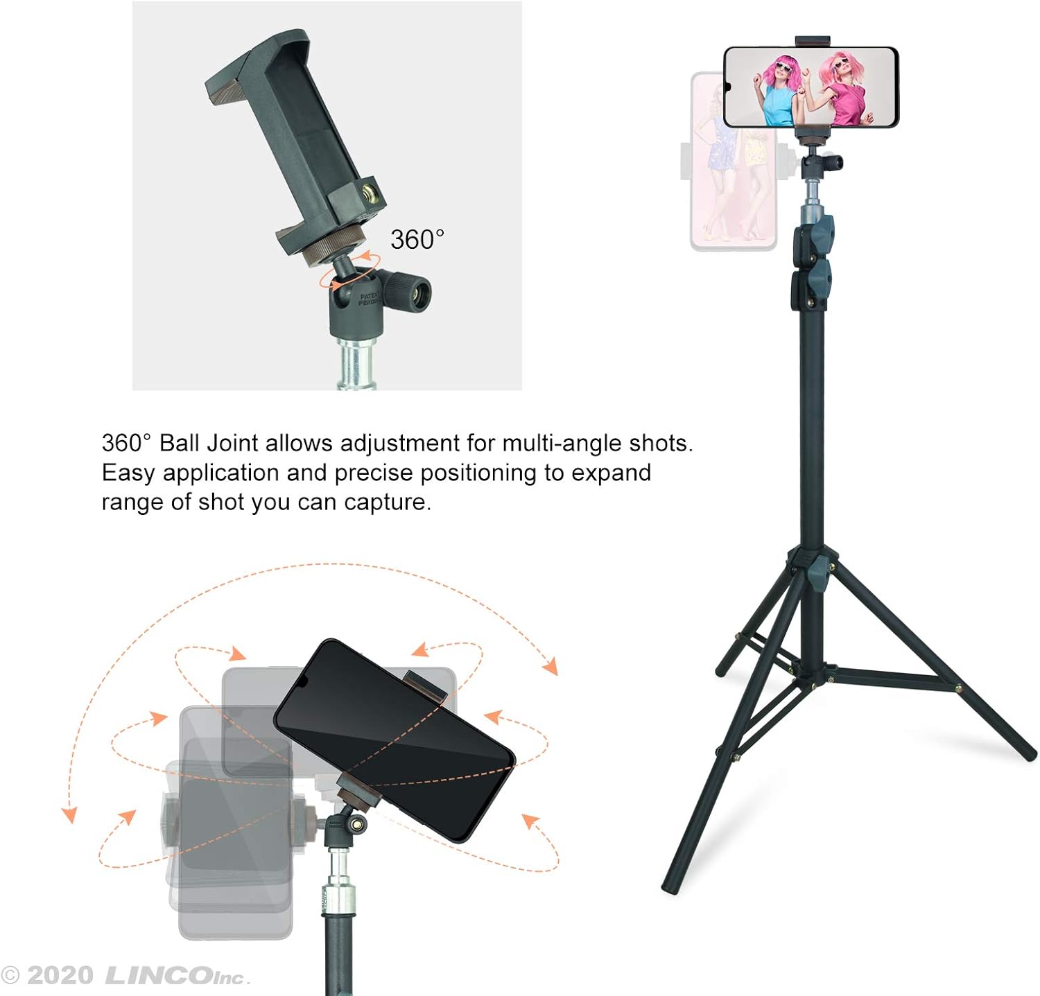 LINCO Selfie Stick Cell Phone Stand for Video Call and Conference, 360 Degree Ball Head, 63 Inches Compact Tripod Stand for Apple & Android Devices, C004B 1 Set