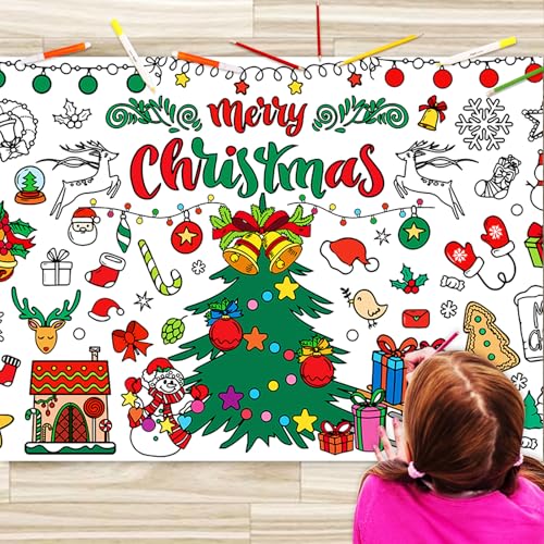 BAOXUE Christmas Coloring Tablecloth for Kids, 72 * 31 in Giant Christmas Coloring Banner Posters Holiday Paper Tablecloths, Christmas Party Activities Crafts for Kids