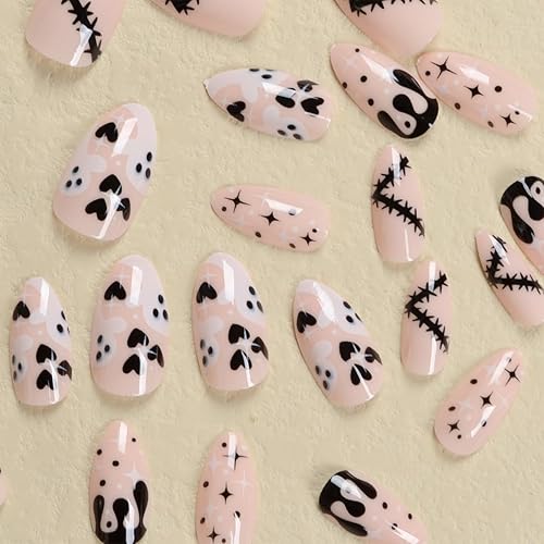 Miniatura 2 de Uñas postizas a presión de Halloween, uñas postizas cortas de almendra, uñas negras a presión, estrellas fantasmas blancas sangrientas con diseño,