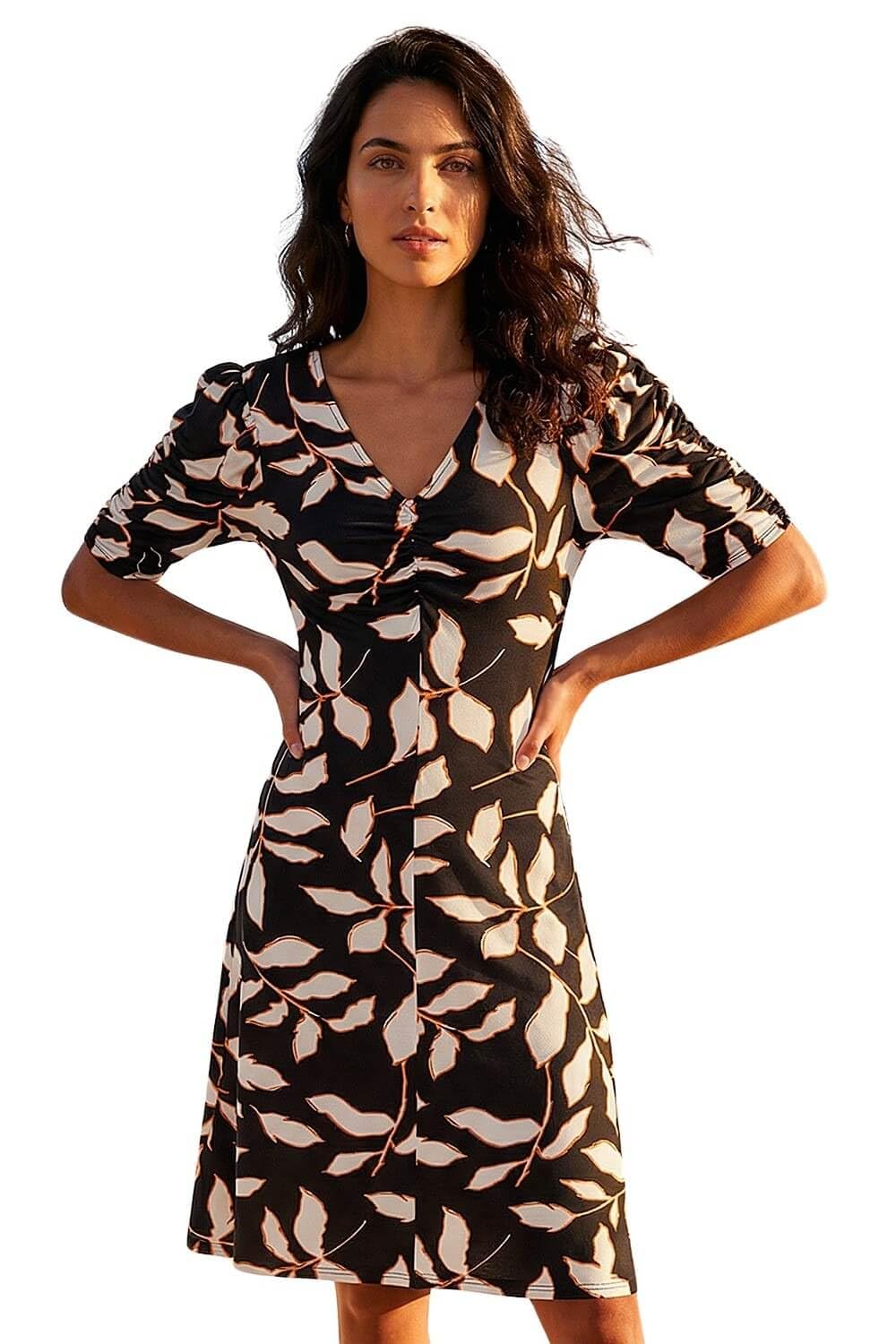 Roman Originals Women's Black Natural Tea Dress For Uk Skater Swing Fit & Flare Flattering Summer Knee Length Frill Hem Ruched Chest Casual Smart Cocktail Party Going Out - Size 8
