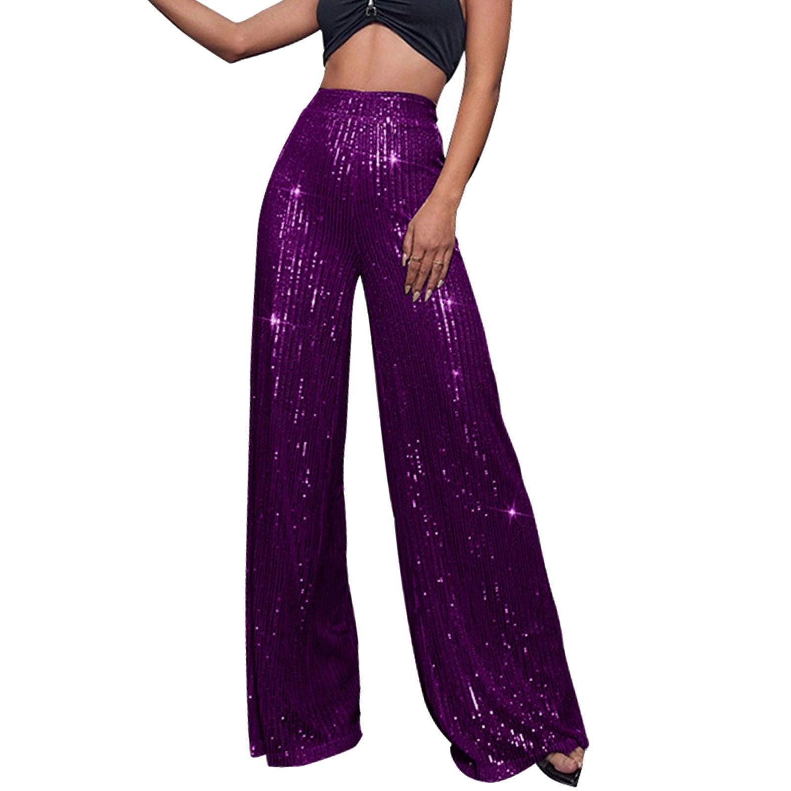 GOKKILRW Sequin Pant for Women Sparkly Glitter High Waist Wide Leg Slacks 70s Disco Party Night Club Trouser
