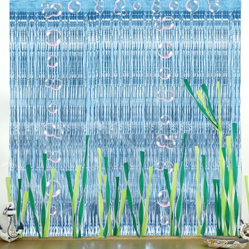 Gemscream 34 Pcs Sponge Birthday Party Decorations Ocean Theme Birthday Decorations Blue Tinsel Foil Fringe Curtain Paper Flowers Decor Crepe Paper Streamer for 25 Year Later Sea Photo Prop Pool Party