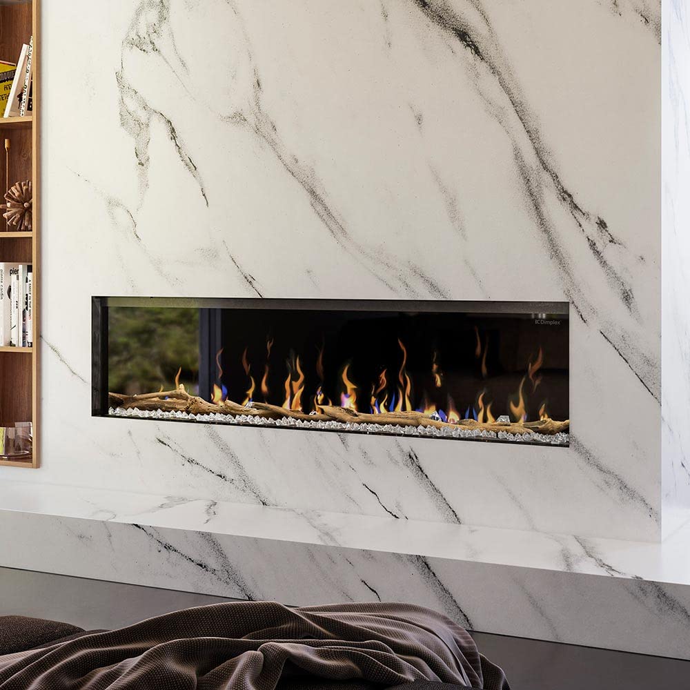 IgniteXL Bold - Chimenea eléctrica lineal moderna integrada de 74 pulgadas con múltiples opciones de pantalla, llamas multicolores, con cristales y juego de troncos de madera flotante, modelo: 2