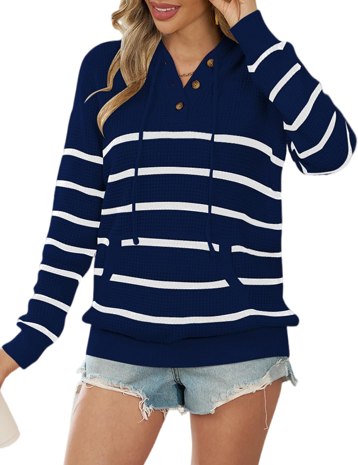 CiCiBird Women's Fall Hoodies Sweater V Neck Waffle Knit Top with Pocket