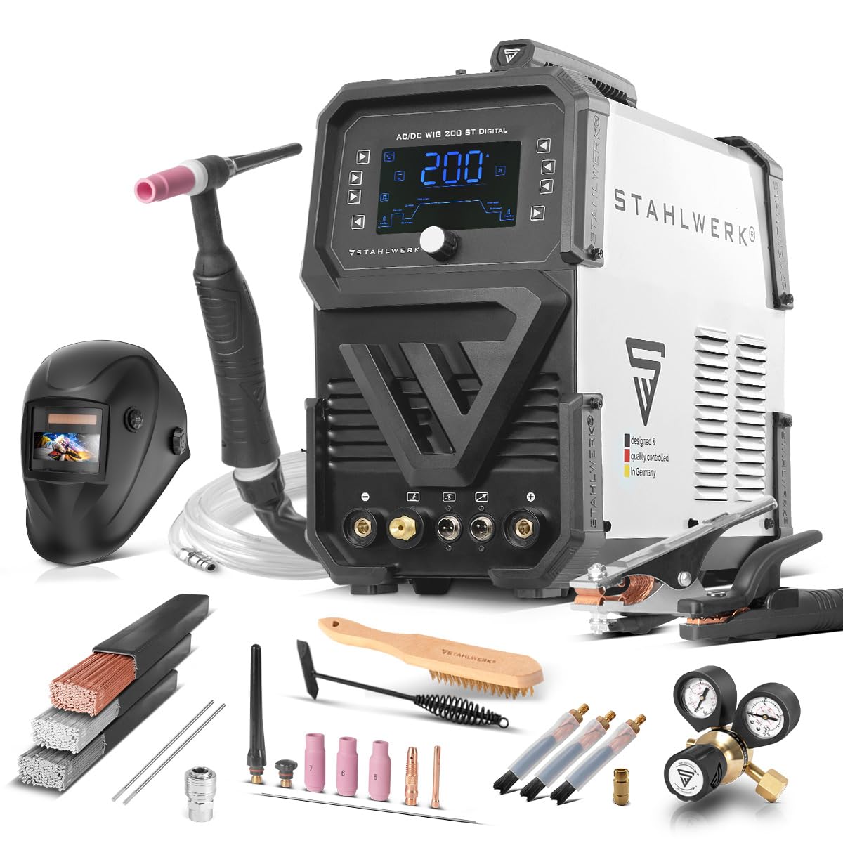 STAHLWERK Saldatrice AC/DC TIG 200 Puls ST – Set completo – Inverter IGBT con modalità AC, MMA fino a 200 A, innesco HF, funzione Pulse, 2T/4T, alluminio & lamiere sottili
