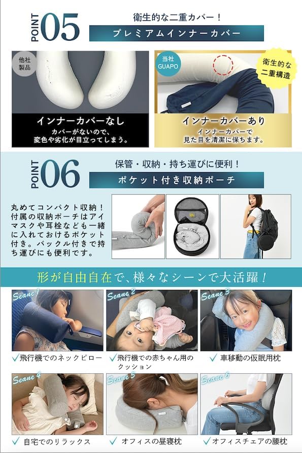 GUAPO 好きな形に曲げられる ネックピロー 低反発 クッション 携帯枕 トラベルピロー 昼寝枕 (グレー)