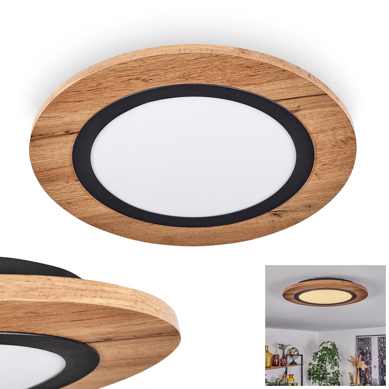 Hofstein Black Led Ceiling Light Salmi, Modern Ceiling Light Made Of Metal/Mdf/Plastic In /Wood-Look/Brown/White, Round Light (Ø 39,5 Cm), 1350 Lumen, 3000 Kelvin, Led 15 Watt