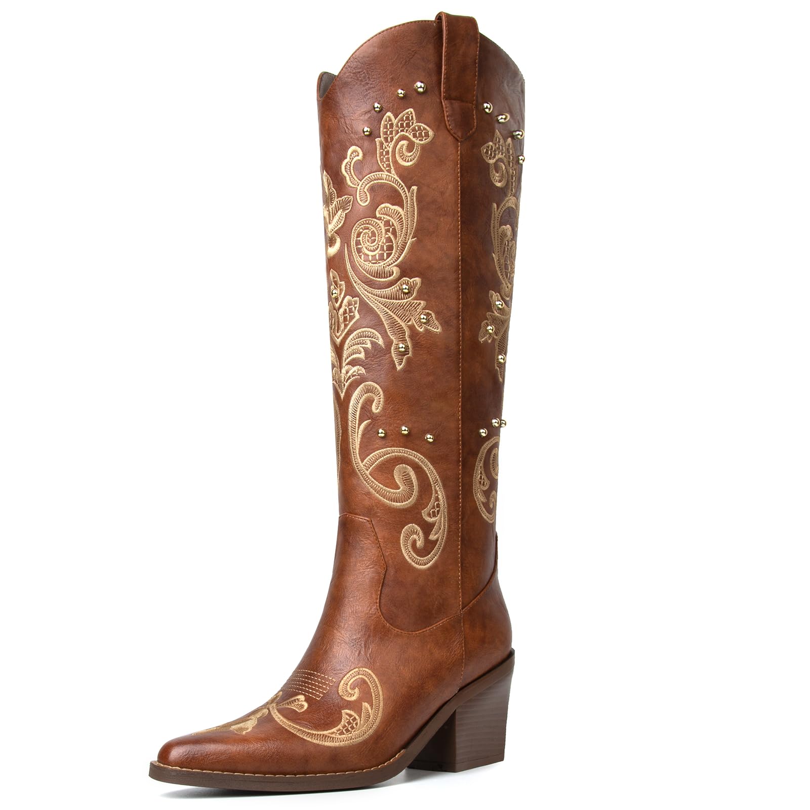 Western Cowboy Boots for Women Knee High Cowgirl Boots with Classic Embroidered, Pointed Toe Chunky Heel Fashion Retro Classic Pull On Tall Boot Women Fall Winter
