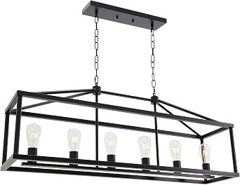 BONLICHT Modern Rectangle Chandelier 6 Light Black Industrial Vintage Kitchen Island Lighting Fixture Hanging Pendant Lamp Farmhouse Metal Cage Ceiling Light Fixtures for Living Room Dining Room Foyer
