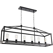 BONLICHT Modern Rectangle Chandelier 6 Light Black Industrial Vintage Kitchen Island Lighting Fixture Hanging Pendant Lamp Farmhouse Metal Cage Ceiling Light Fixtures for Living Room Dining Room Foyer