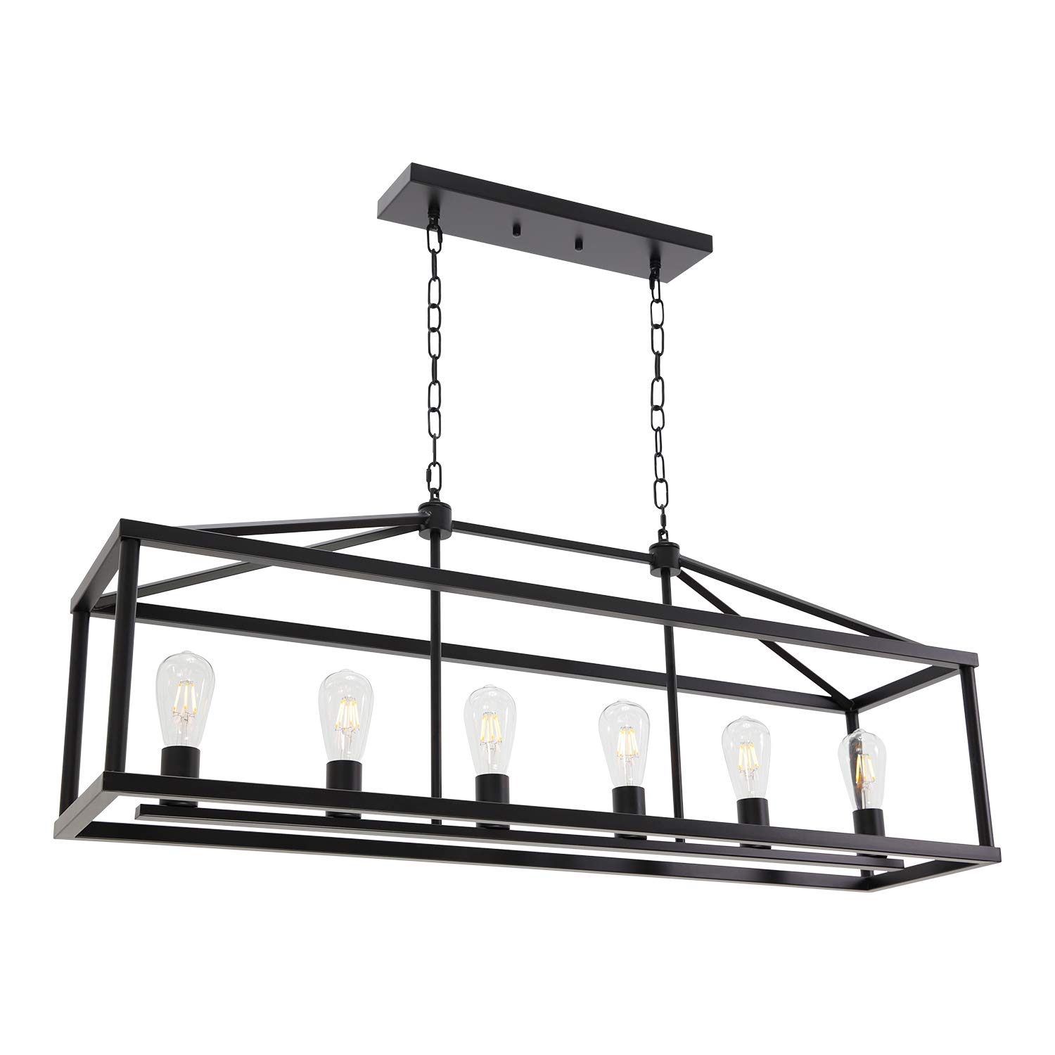 BONLICHT Modern Rectangle Chandelier 6 Light Black Industrial Vintage Kitchen Island Lighting Fixture Hanging Pendant Lamp Farmhouse Metal Cage Ceiling Light Fixtures for Living Room Dining Room Foyer