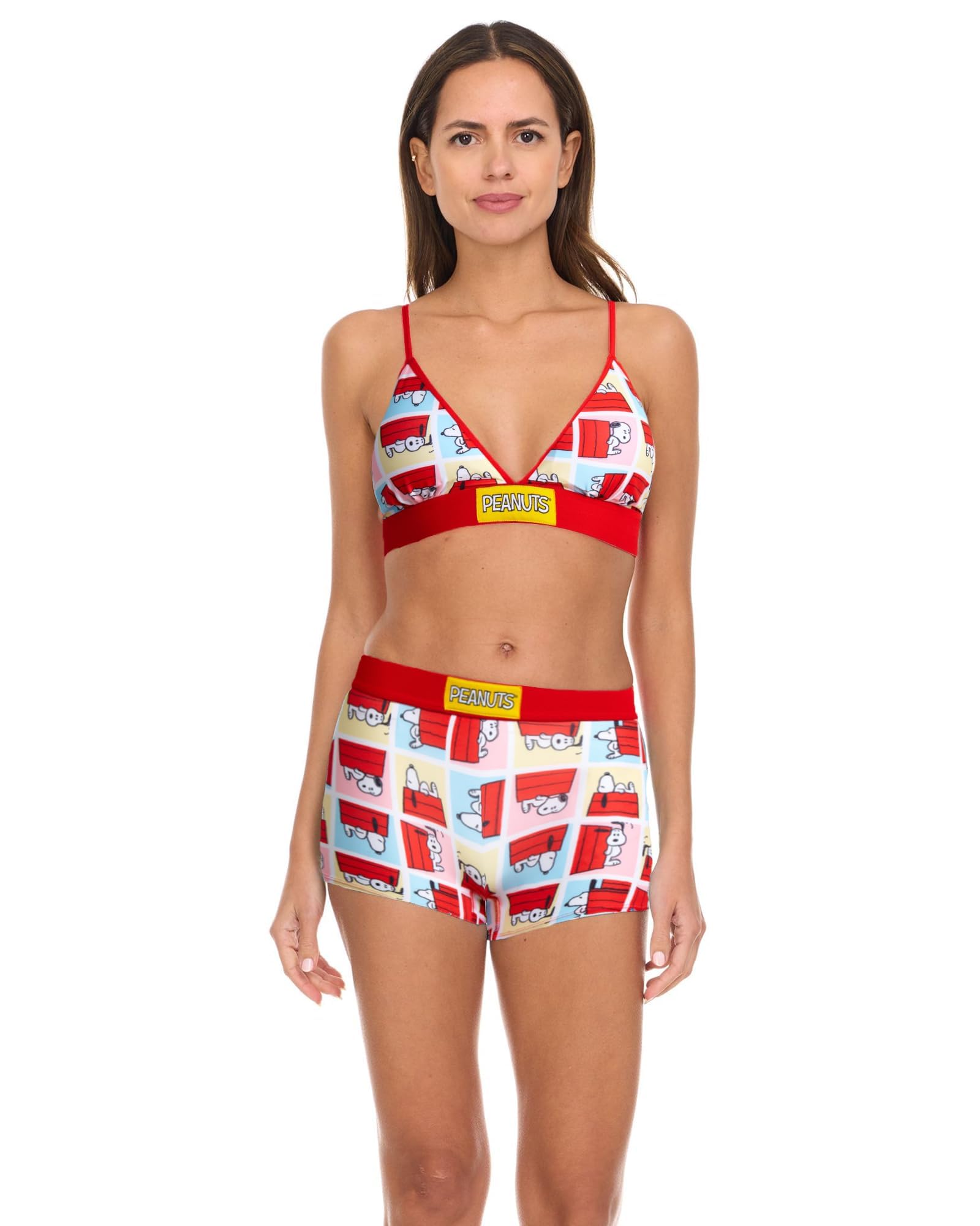 COCO BRANDS Womens Sports Bra Set - 2 Piece Peanuts Snoopy Racerback Sports Bra and Boxers for Women (Sizes: S-XL), Size Large, Snoopy Dog House Checker/Red