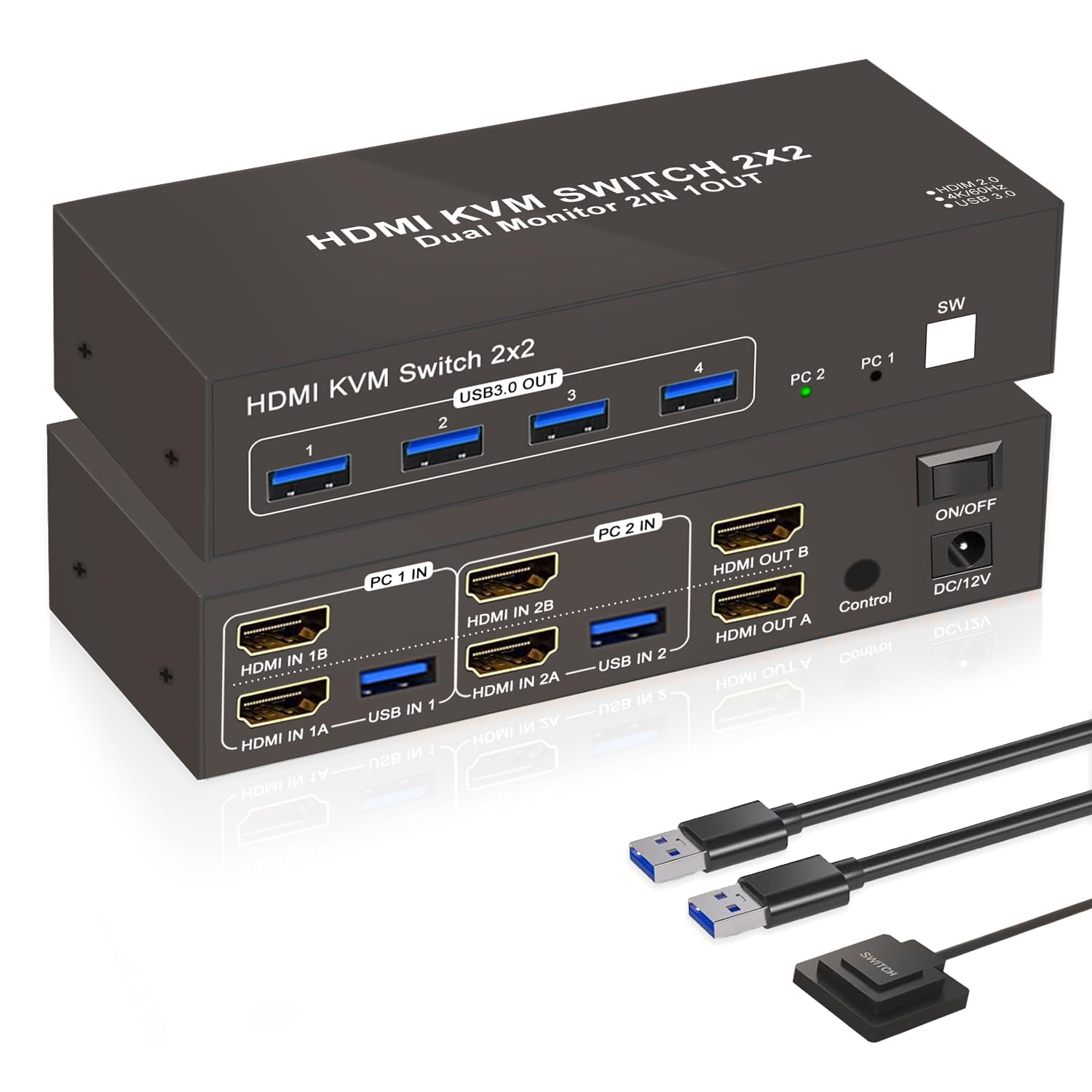 Euscmaic HDMI KVM Switch 2 Computers 2 Monitors 4K 60Hz Dual Monitor HDMI USB3.0 KVM Switcher HDMI 2 in 2 Out with 4 USB Ports to Share Mouse Keyboard Printer and More Supports Extended/Copy Mode