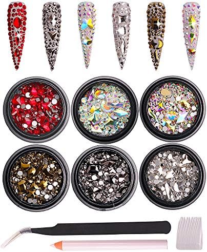 6 Pack Mixed Nail Art Rhinestone Nail Art Decorations Accessories Flat Base Nail Jewelry Glass Rhinestone Crystal Best for Manicure DIY Mobile Phone Shell Jewelry Makeup 3D Decoration