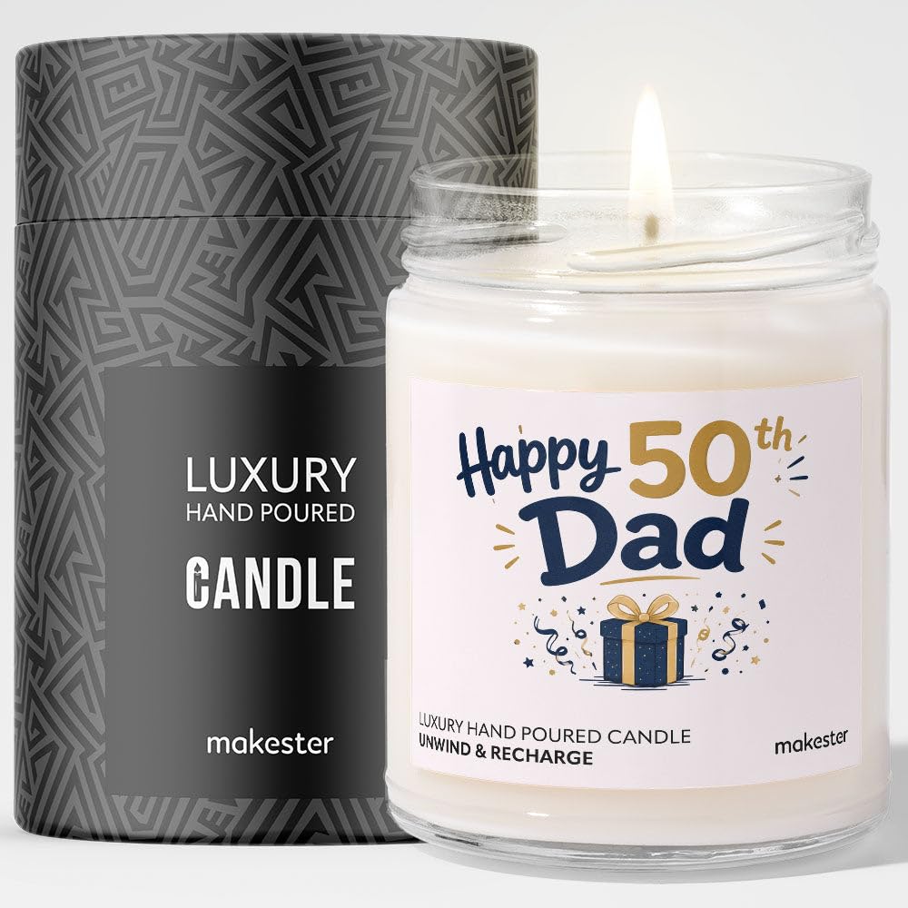50th Birthday Gift for Dad - Luxury Soy Wax Candle - Vanilla, Jasmine, Sugared Almond - Makester โ image 1