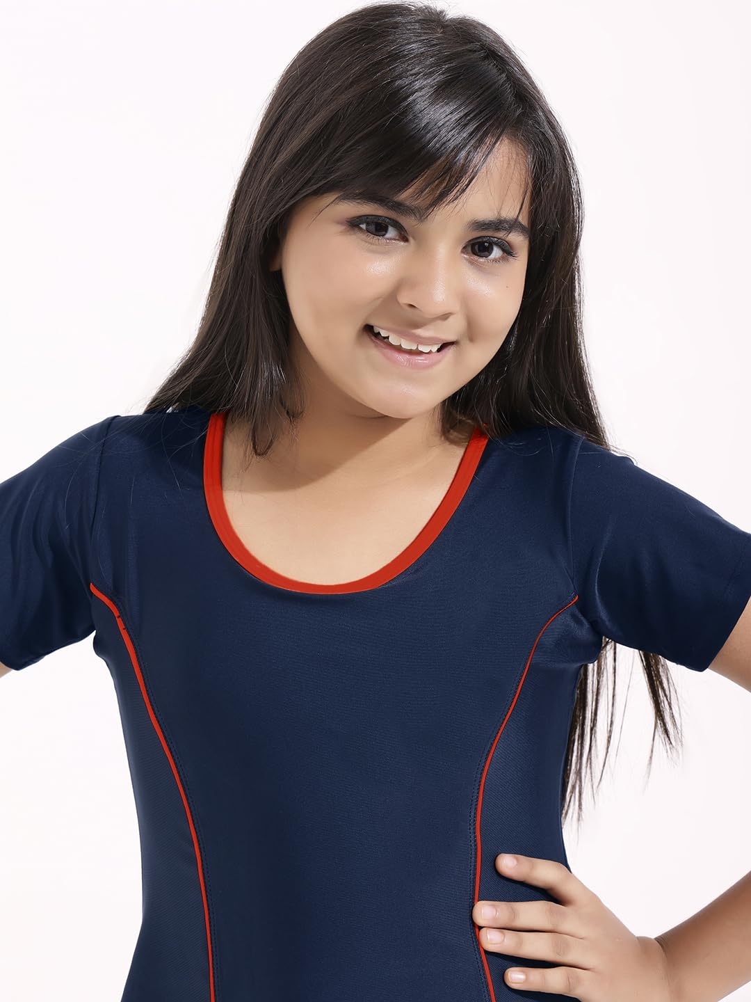 LYCOT Nylon A-Line Half Sleeves and Hot Short Pattern Swimwear for Girl's - Navy 1