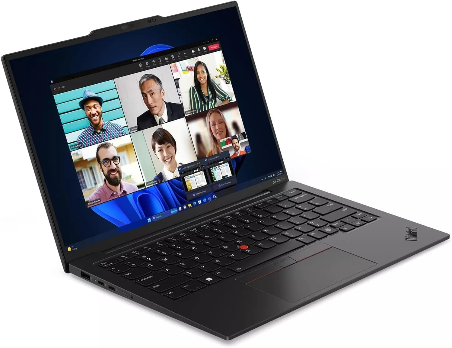 Lenovo ThinkPad X1 Carbon Gen 12 laptop displaying a video conference