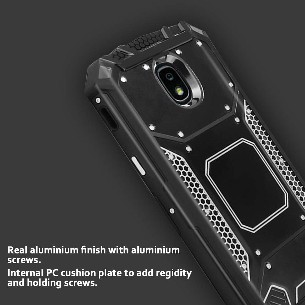 TJS Galaxy J7 2018/J7 Refine/J7 Star/J7 Eon/J7 TOP/J7 Aero/J7 Crown/J7 Aura/J7 V 2nd Gen Case with [Full Coverage Tempered Glass Screen Protector] Aluminum Military Metal Magnetic Support Case (Black)