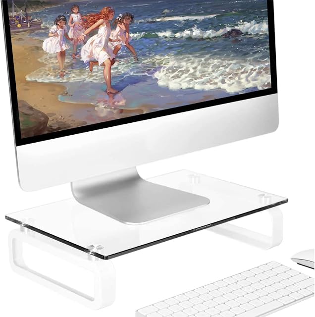 Hemudu Clear Computer Monitor Stand Riser Multi Media Desktop Stand for Flat Screen LCD LED TV, Laptop/Notebook/Xbox One, with Tempered Glass and Metal Legs, HD02T-001P