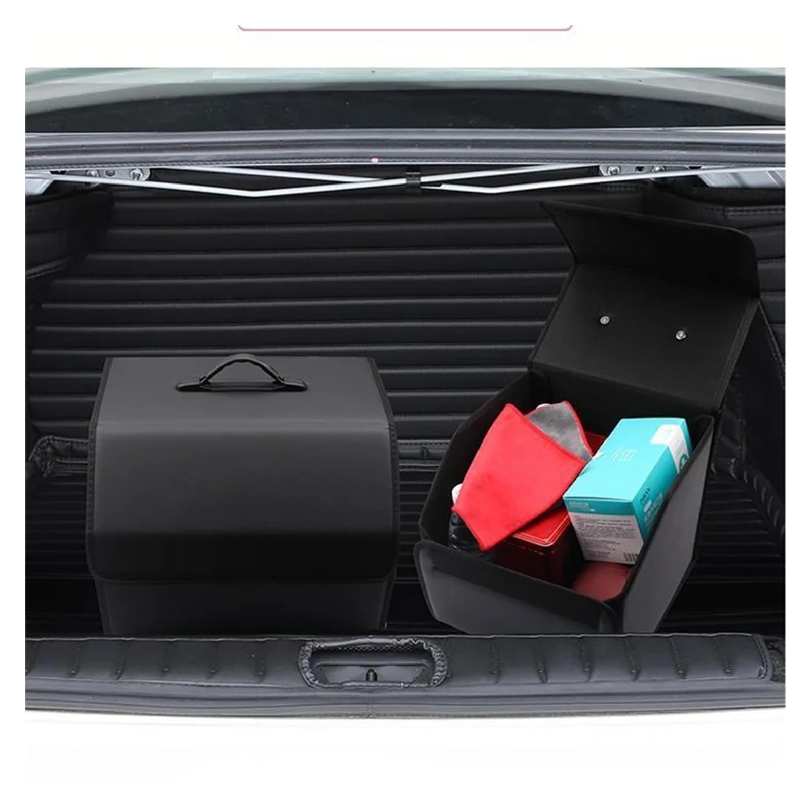 Organizador de Maletero de Coche de Cuero Premium con Asas - Caja de Almacenamiento Plegable Grande for SUV y sedanes - Organizador Multiusos for Accesorios y Herramientas de Coche (Negro)(40CM)