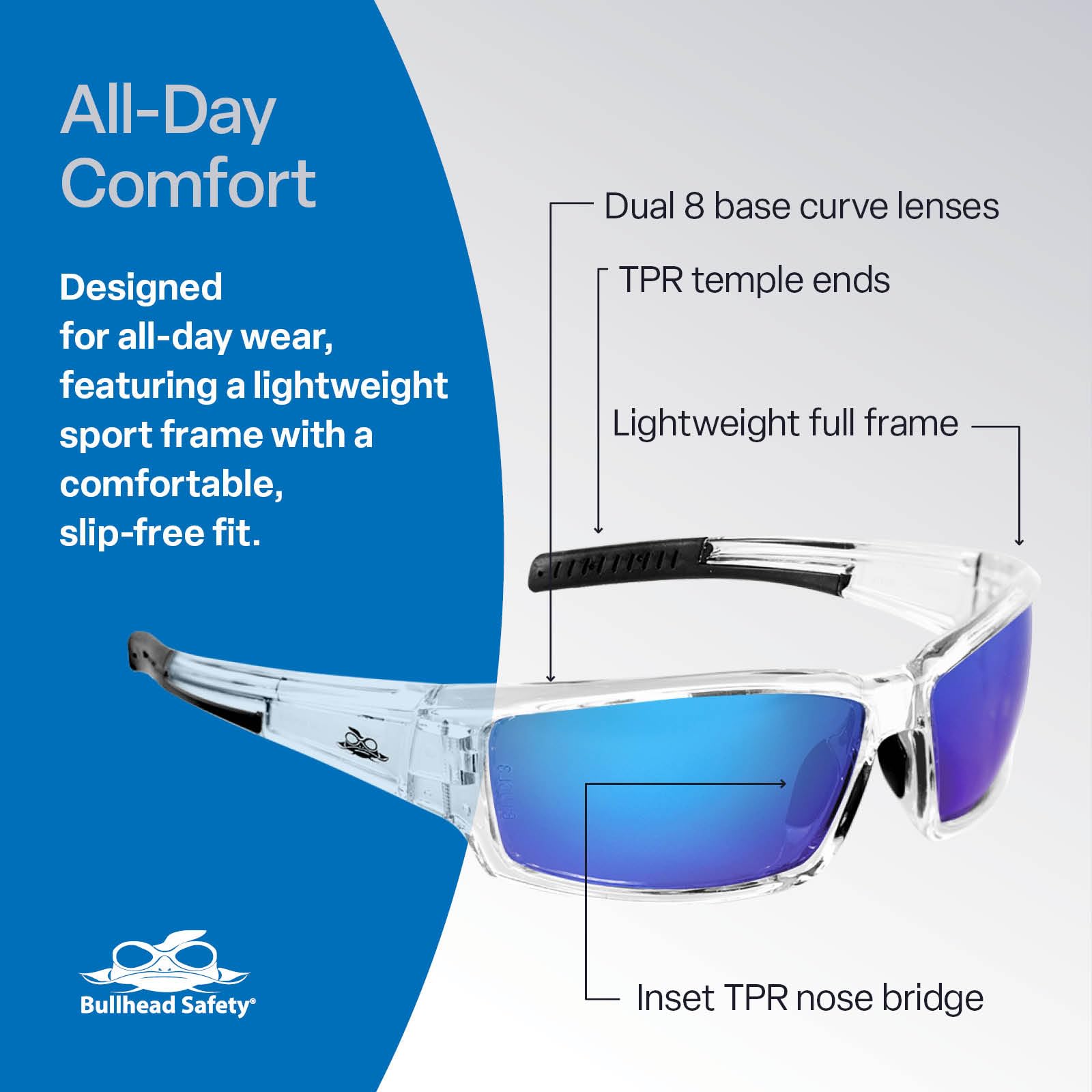 Bullhead Safety Eyewear BH1419AF szkło bezpieczne Maki, jeden rozmiar, krystalicznie czysta rama/zauszniki, niebieskie lustrzane soczewki przeciwmgielne, czarny nos TPR i świątynia (144 na obudowę)