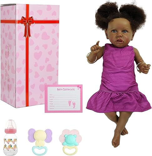 Miniatura 6 de Muñecas Reborn de Bebé Niña Negra, Muñeca de Bebé Realista de 22" Muñeca Recién Nacida Afroamericana Realista Bebe Caramel Como de la Vida Real con