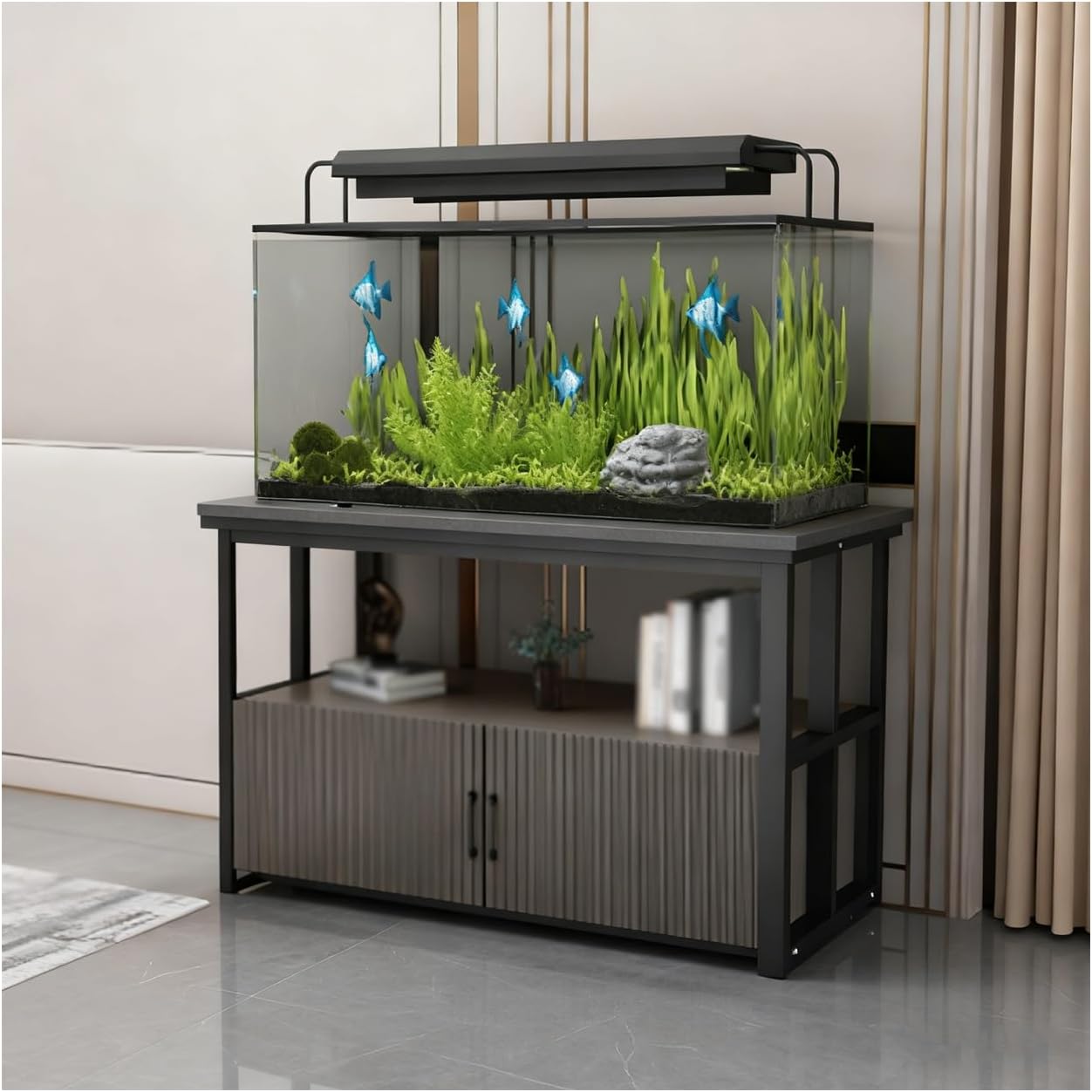 Black Wooden Aquarium Stand with Metal Frame, Fish Tank Combo Set for Living Room & Home Office, Multi-Tiered Storage Table (Black & Gray, 80x40cm)
