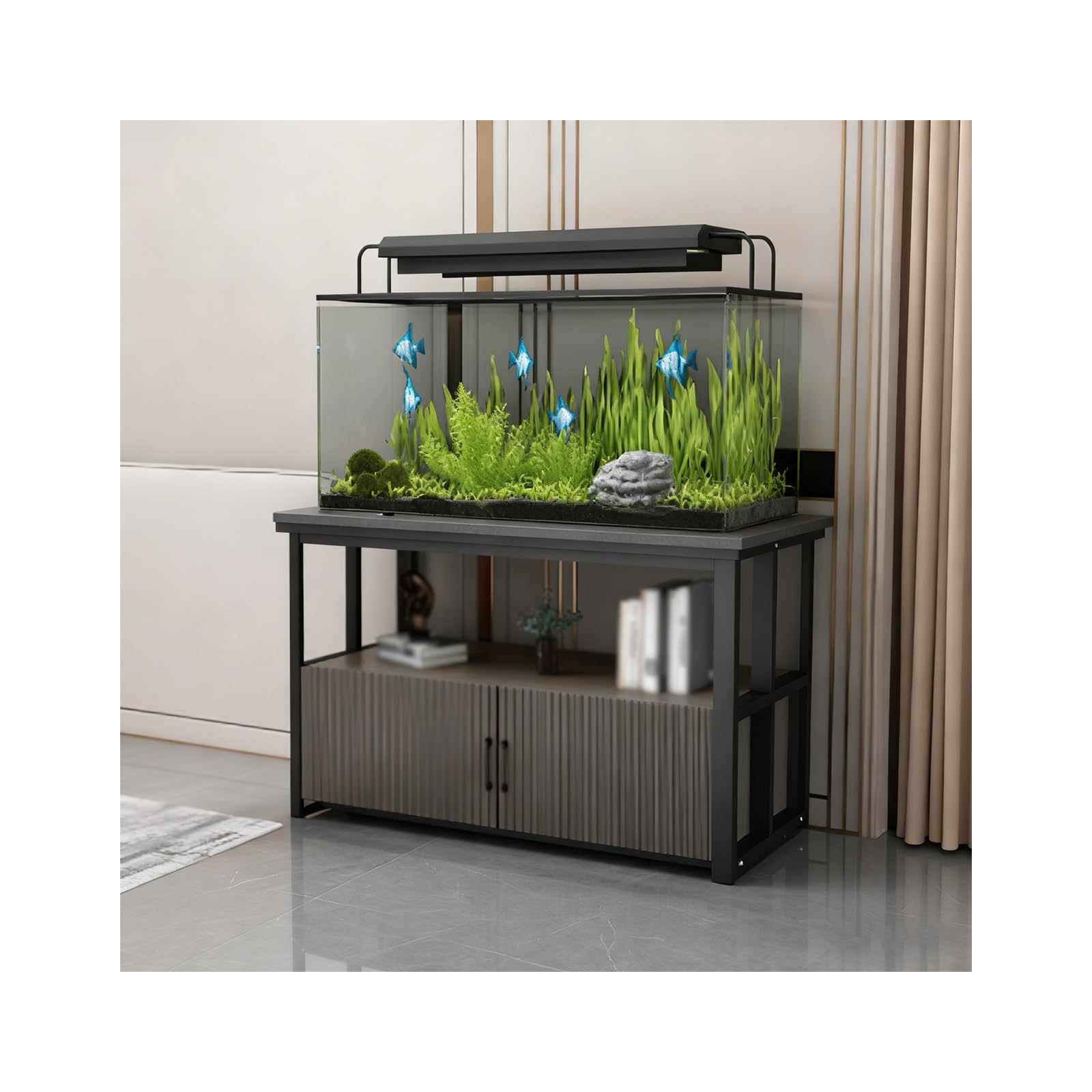 Schwarzer Holzschrank mit Metallnd, mehrstöckiges Aquarium-Kombi-Set für Wohnzimmer und Heimbüro, Sto (60 x 45 cm, Schwarz und Grau)