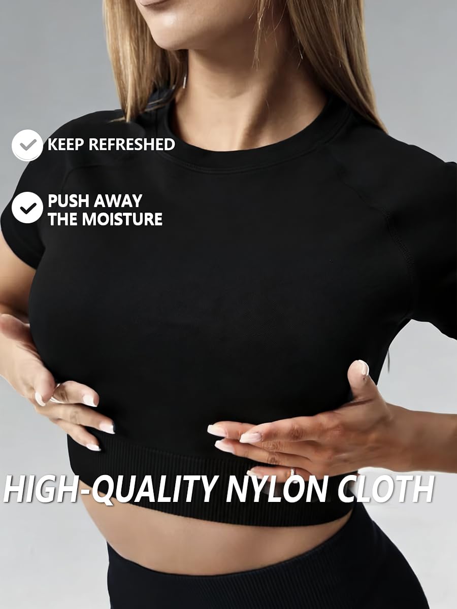 Conjuntos de Entrenamiento para Mujer Top Corto Costuras 2 Piezas Pantalones Cortos Cintura Alta Ropa Yoga Fitness Gimnasio