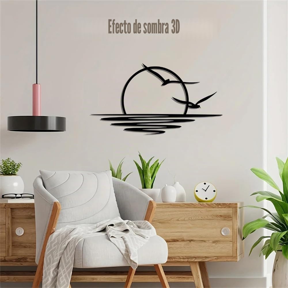 DONGKER Arte de pared de metal, colgante minimalista de amanecer con efecto de sombra 3D, arte de línea negra para sala de estar, cocina, baño, interior y exterior