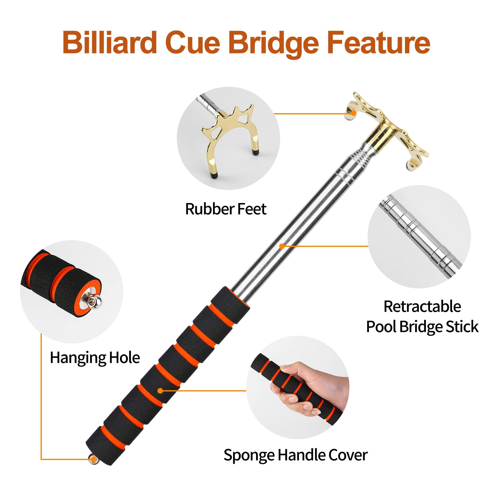 Versenkbare Billard Queue, Billard Queue 3 Stücke Abnehmbarem Messing Brücken Kopf, Poolqueue, Brücke, Pooltisch, Billard Pool Queue Zubehör für Pool Tisch (3 Stile, Stegkopf)