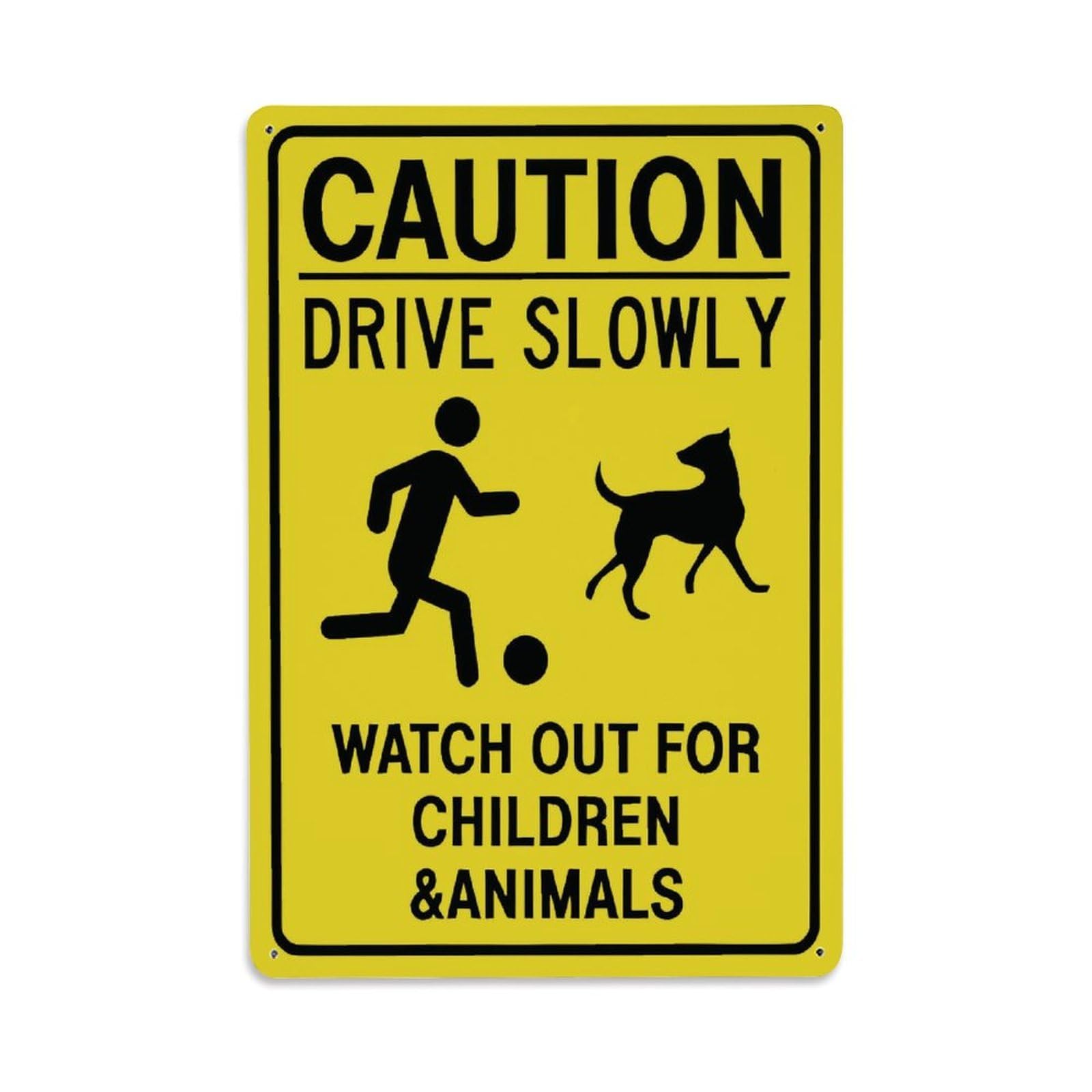 Caution Drive Slowly Watch Out For Children & Animals Sign Vintage Aluminium Metal Sign, Retro Wall Decor for Home, Bar, Garage & Farmhouse 30x20cm