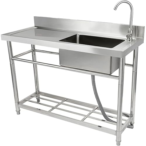 VEVOR Stainless Steel Utility Sink, Free Standing Single Bowl Commercial Kitchen Sink Set w/Workbench, 39.4 x 19.1 x 37.4 in Commercial Single Bowl Sinks for Garage, Restaurant, Laundry