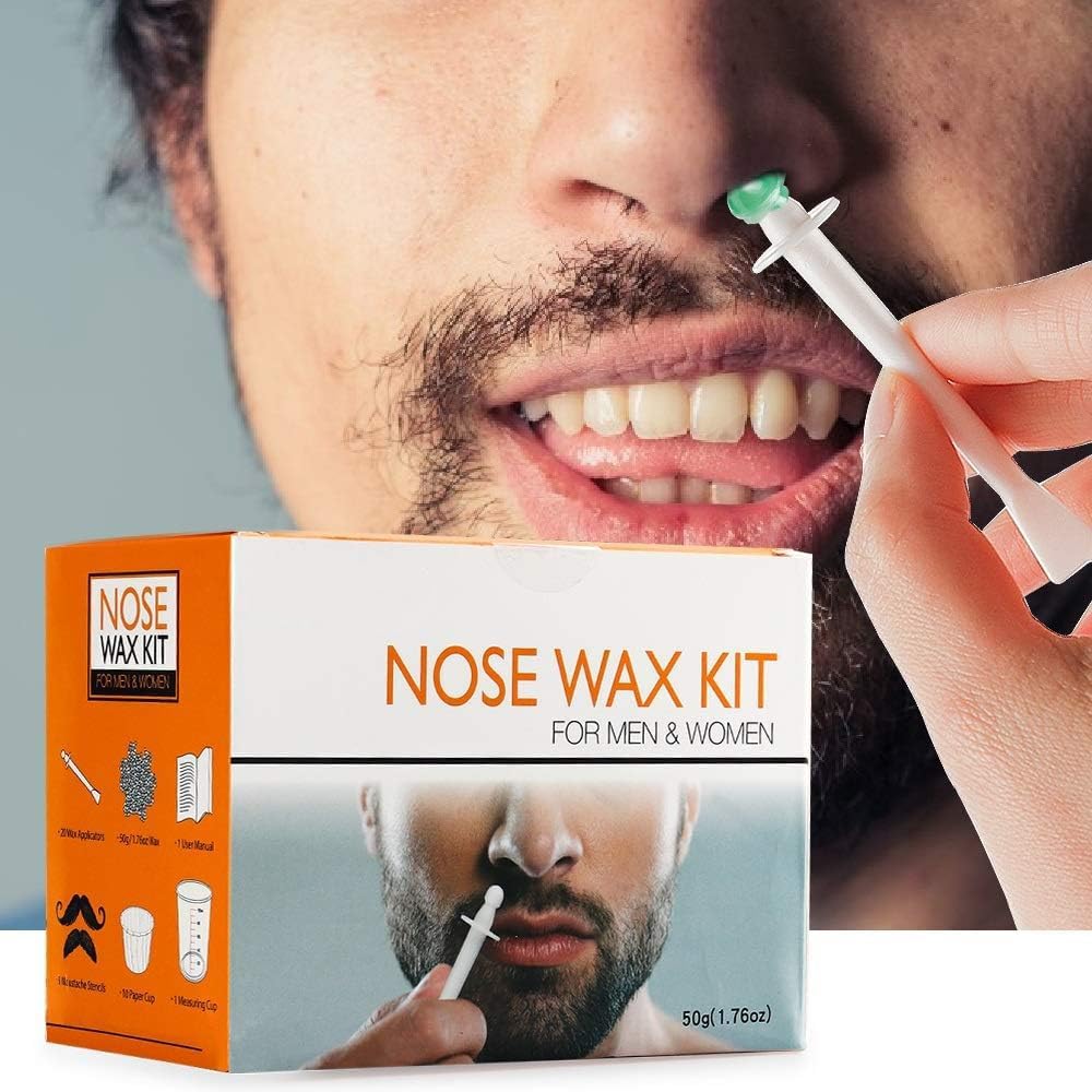 Nose Wax Kit for Men and Women, 50g Wax, Nose Hair Removal Waxing Kit, Safe Quick Hair Removal Waxing for Ear, 20 Applicators, 8 Mustache Stickers, 10 Little Cups for Removing Eyebrow Hair