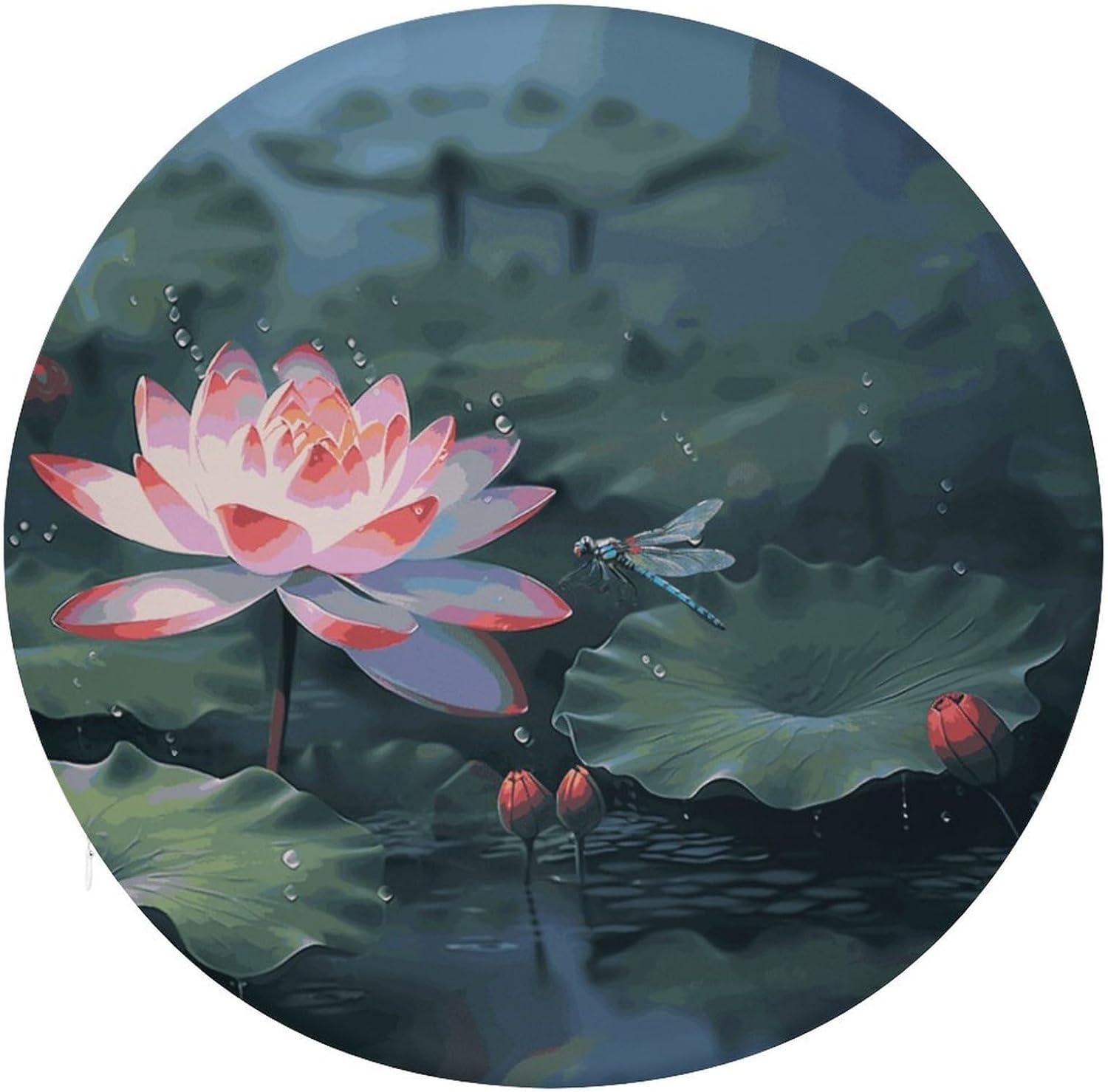 Lotus Flower and Dragonfly Round Cushion,Memory Foam Added,Chair Cushion,Polyester Cover with Zipper,Seat Cushion for Bed Sofa Office Chair Outdoor 15.3 * 15.3In