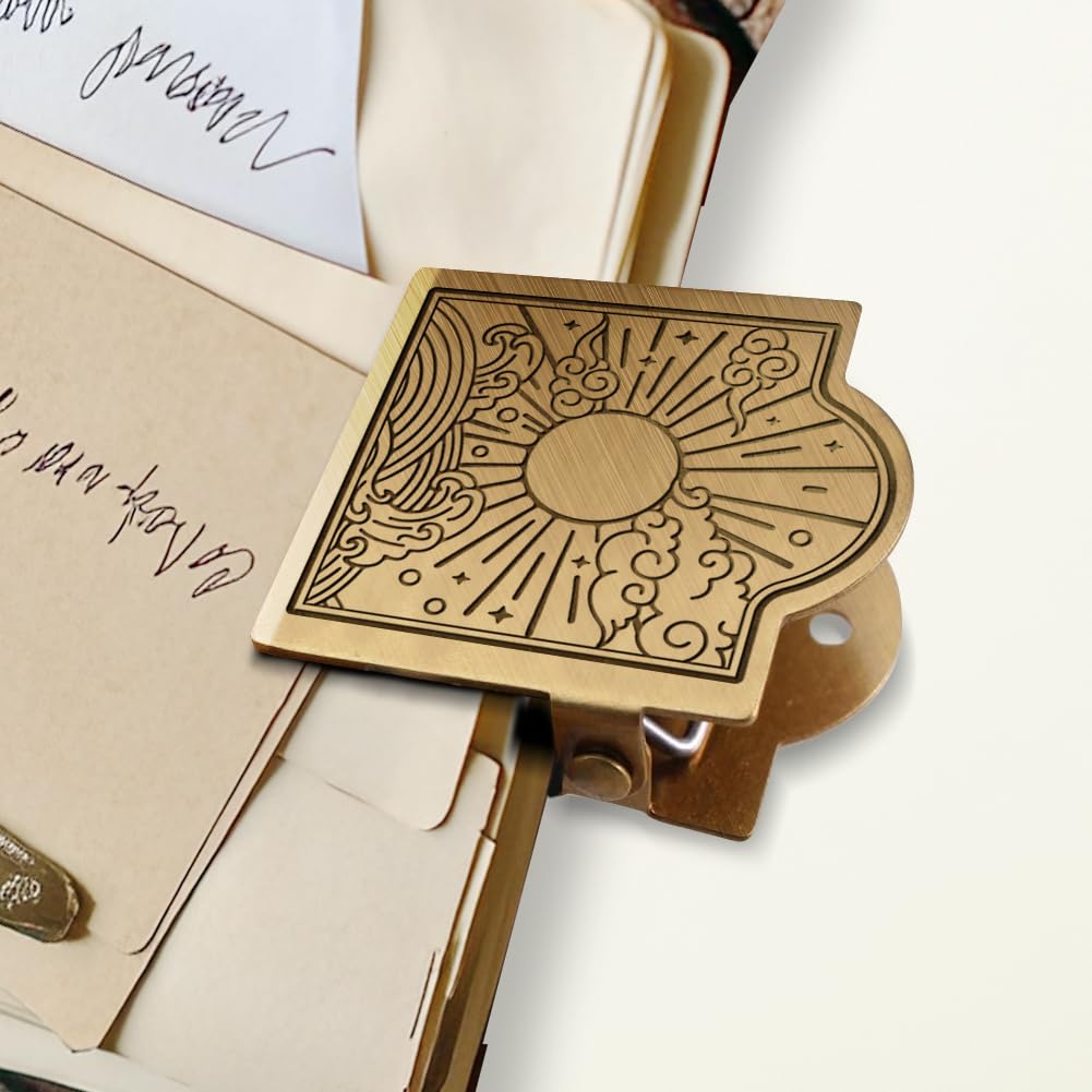 ANATTASOUL Brass Travel Notebook Journal Clip Sun and Ocean Waves Book Binder Clips Metal Vintage, 1.8"x1.6" Decorative Heavy Duty Gold Page Holder Clamps for Book, Paper, Bookmark, Accessories, Gifts