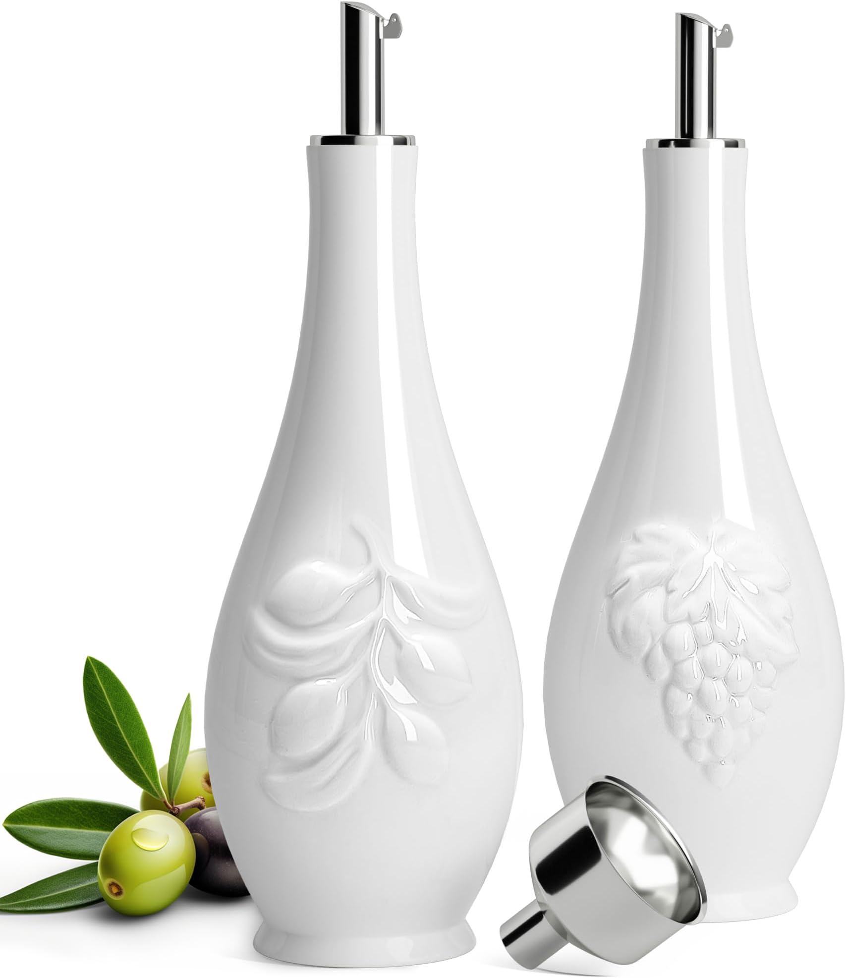 HOMBENE Porcelain Oil and Vinegar Dispenser Set, 11 oz Olive Oil Dispenser Bottle for Kitchen, Ceramic Cooking Oil Container, Oil Cruet w/Funnel, Dripless Spout, 300ml, 2 Pack