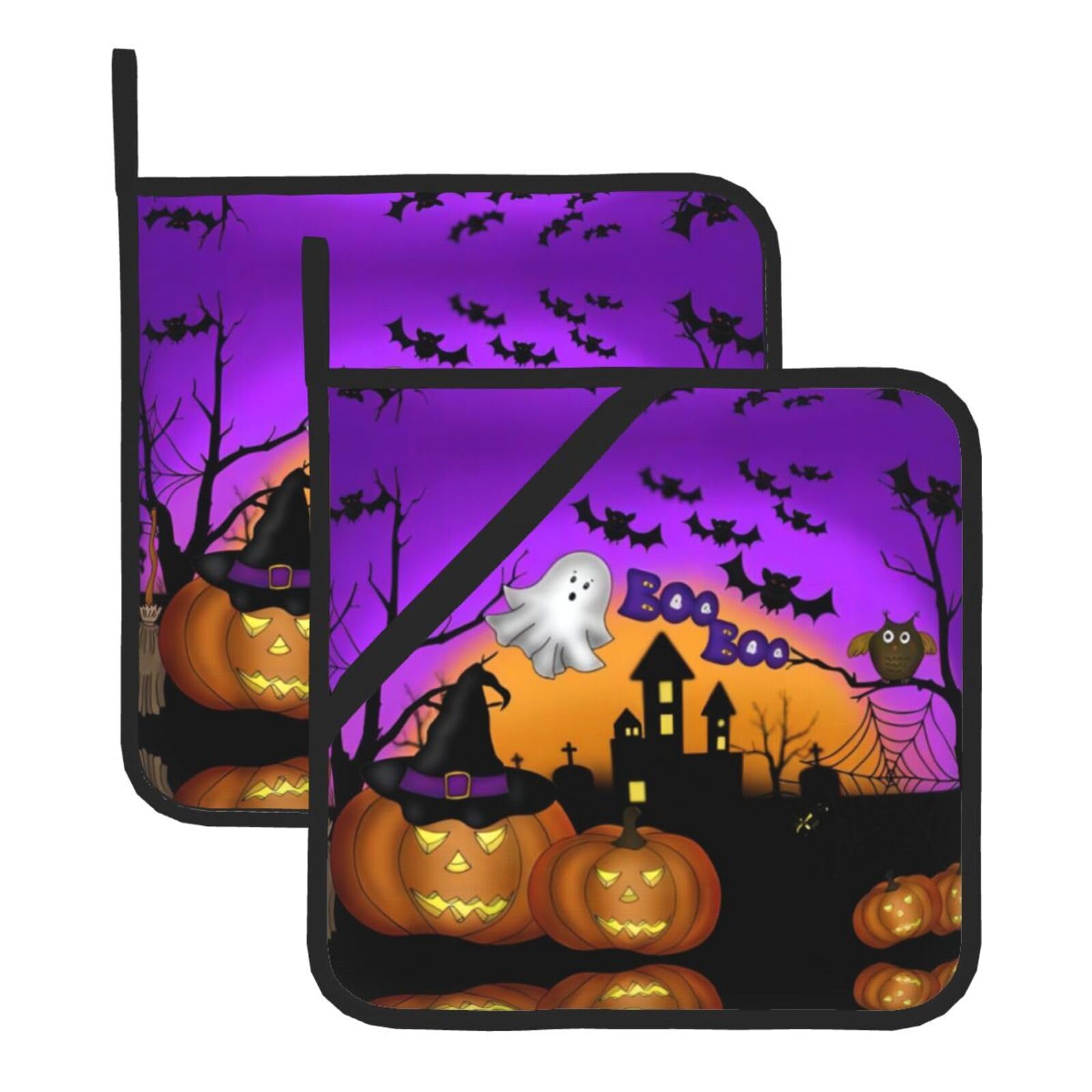 WHJSSF Halloween Owl Ghost Pumpkin Prints Square Pot Holders - Heat Resistant Kitchen Trivets 2-Pack - Waterproof Covers for Hot Dishes, Oven & Grill with Hanging Loop