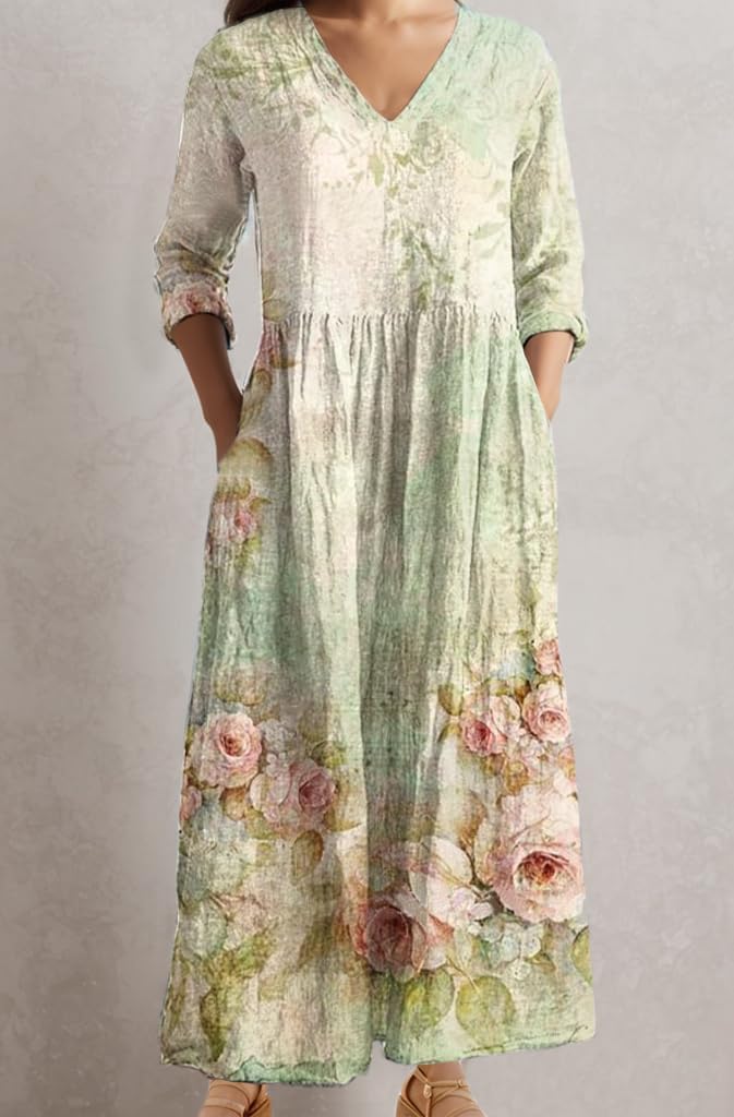 Women's Boho Floral Long Sleeve Maxi Dress Fall Casual Loose Bohemia Vacation Long Tshirt Dress with Pockets - Image 2
