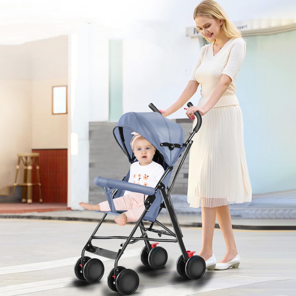 Poussette 3 en 1, Poussette Canne, Trio, Poussette Bebe, Landau Bébé, Accessoires, Adaptateurs Universels, Grandes Roues, 25kg, panier spacieux-D-bleu