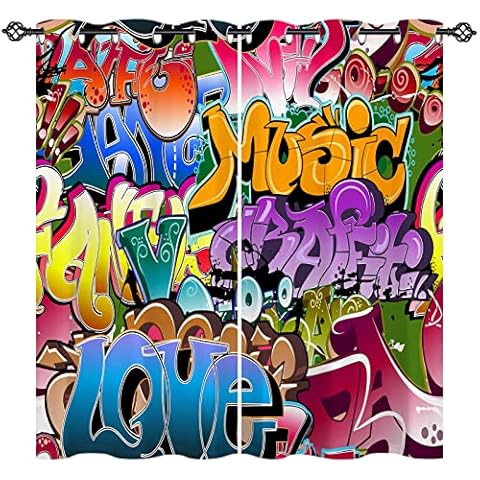 ANHOPE Graffiti Curtains Eyelet 80% Blackout Room Darkening Curtains Hip Hop Hippie Doodle Print Pattern Light Blocking Window Drapes for Kids Boys Girls Bedroom Living Room 30 x 63 Inch Drop 2 Panels Cover